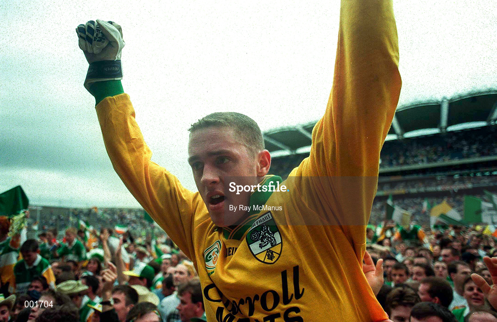 16 August 1997; Offaly goalkeeper Padraig Kelly celebrates following the Leinster GAA Senior Football Championship Final match between Offaly and Meath at Croke Park in Dublin. Photo by Ray McManus/Sportsfile