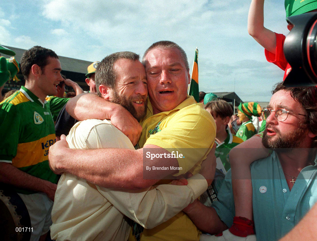 24 August 1997; Kerry manager Paidi O'Sé ceelbrates with KErry county board chariman Sean Kelly following the GAA Football All-Ireland Senior Championship Semi-Final match between Cavan and Kerry at Croke Park in Dublin. Photo by Brendan Moran/Sportsfile