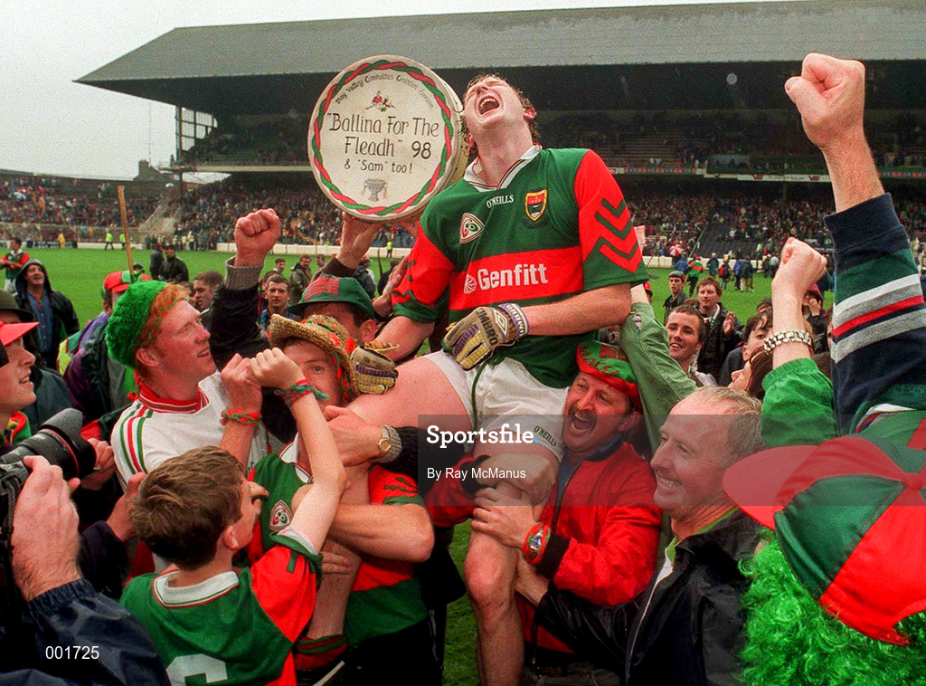 25 May 1997; Pat Fallon of Mayo celebrates with fans follow the GAA Football Senior Championship Quarter-Final match between Galway and Mayo at Tuam Stadium in Tuam, Co Galway. Photo by Ray McManus/Sportsfile