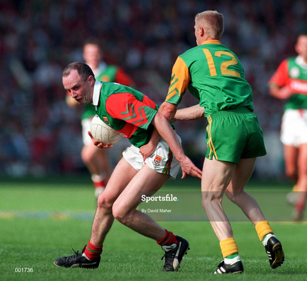15 September 1996; Pat Holmes of Mayo in action against Graham Geraghty of Meath during the All-Ireland Senior Football Championship Final match between Mayo and Meath at Croke Park in Dublin. Photo by David Maher/Sportsfile