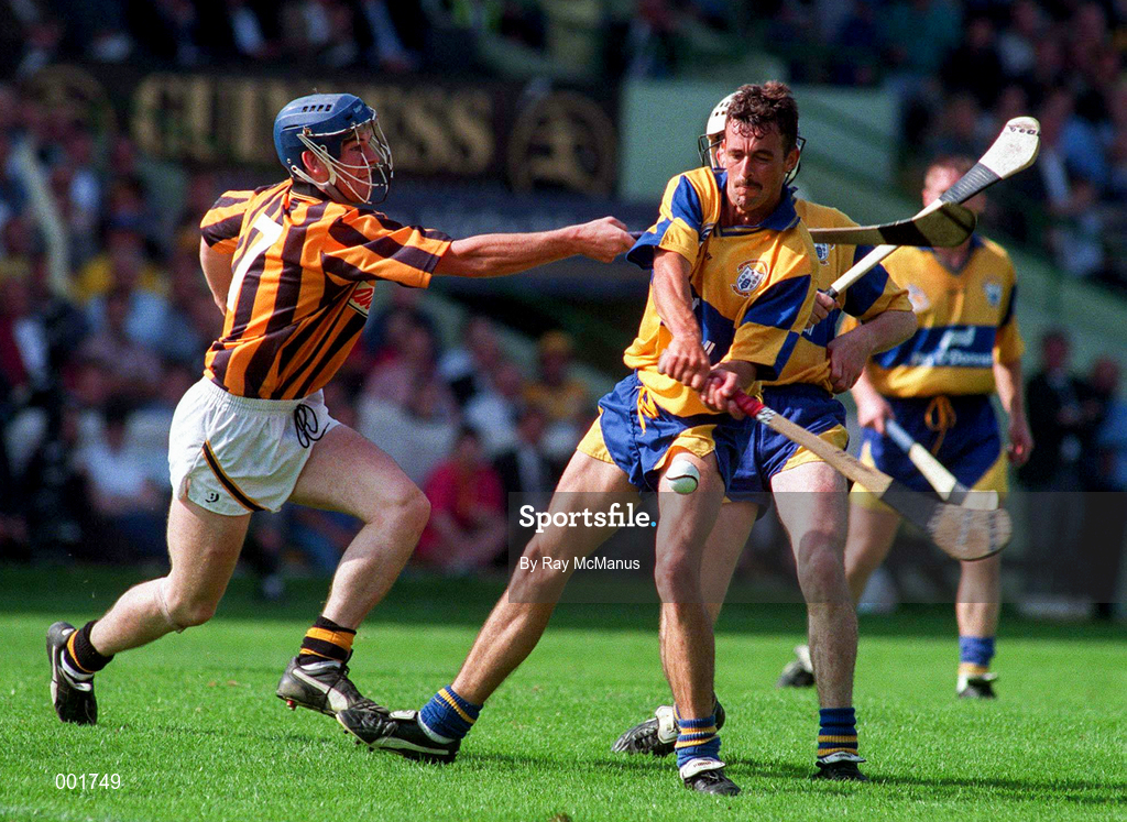 10 August 1997; P.J. O'Connell of Clare in action against Dan O'Neill of Kilkenny during the GAA All-Ireland Senior Hurling Championship Semi-Final match between Clare and Kilkenny at Croke Park in Dublin. Photo by Ray McManus/Sportsfile