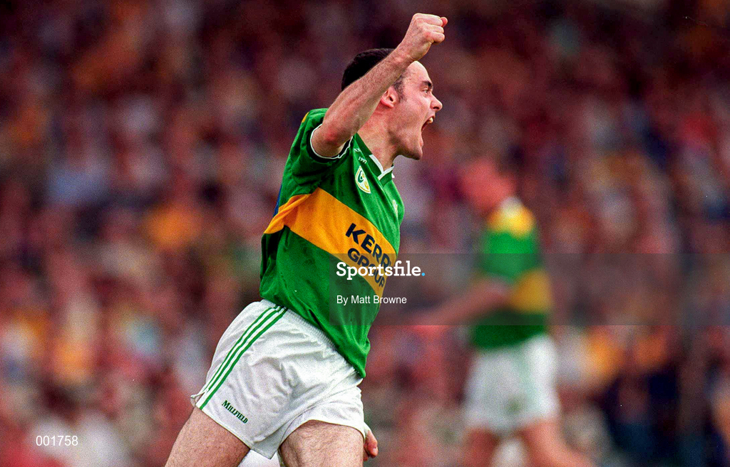 20 July 1997; Pa Laide of Kerry celebrates scoring a goal during the GAA Munster Senior Football Championship Final match between Kerry and Clare at Gaelic Grounds in Limerick. Photo by Matt Browne/Sportsfile