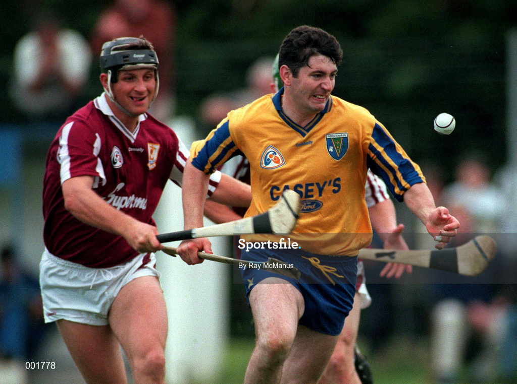 12 July 1997; Tom Helebert of Galway in action against Pat Regan of Roscommon during the Guinness Connacht Senior Hurling Championship Final match between Roscommon and Galway at Athleague in Roscommon. Photo by Ray McManus/Sportsfile