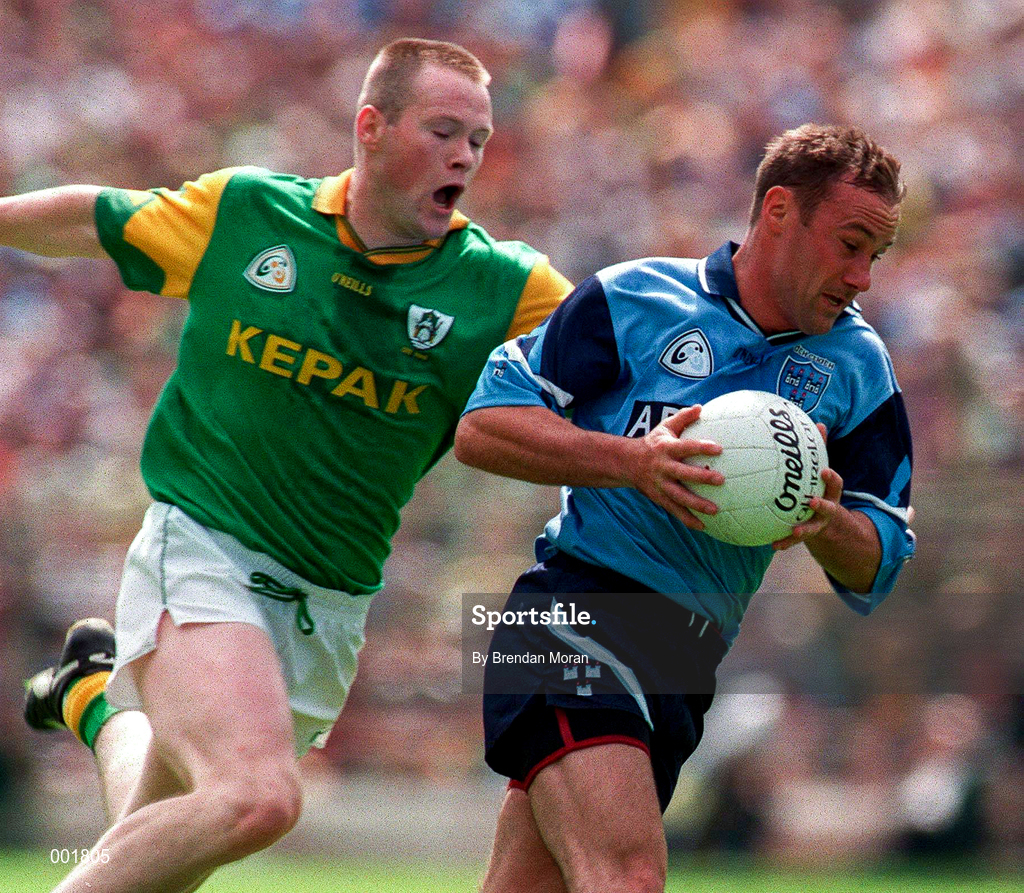 15 June 1997; Paul Curran of Dublin in action against Jimmy McGuinness of Meath during the Leinster GAA Senior Football Championship Quarter-Final match between Offaly and Wicklow at Croke Park in Dublin. Photo by Brendan Moran/Sportsfile
