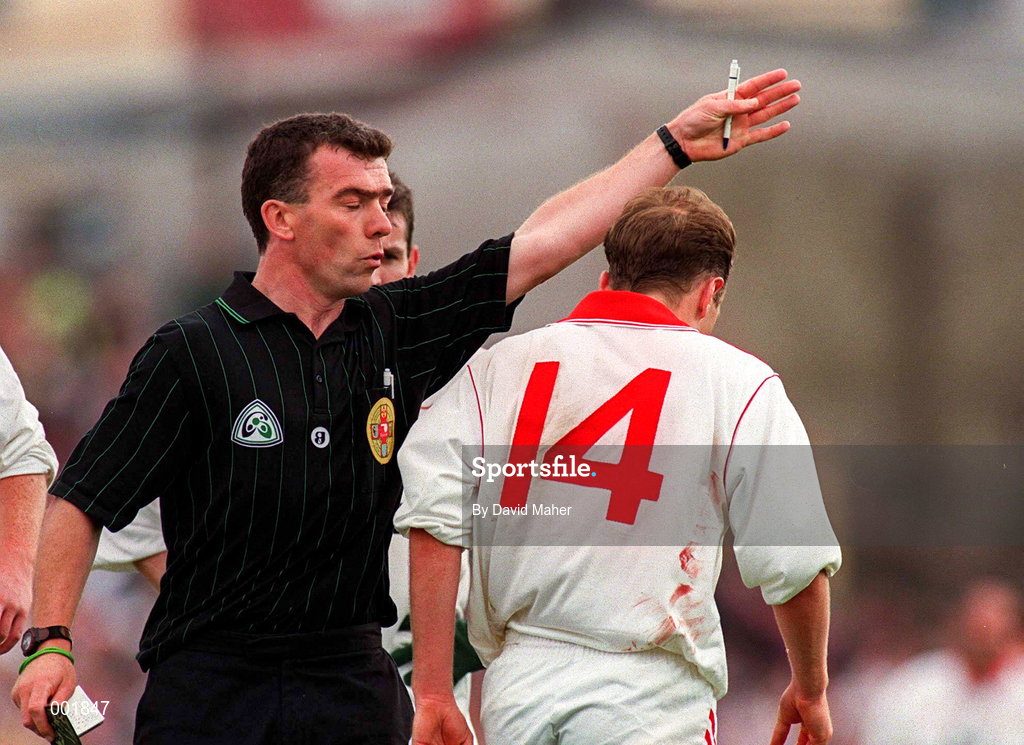 30 June 1996; Referee Pat McEneaney sends off Peter Canavan of Tyrone during the Ulster Senior Football Championship Semi-Final at St Tiernach's Park in Clones. Photo by David Maher/Sportsfile