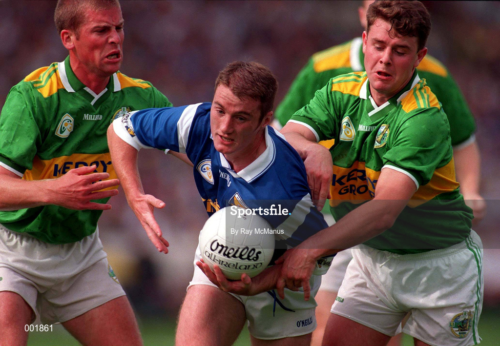 24 August 1997; Philip Kermath of Cavan, centre, in action against Dara Ó Cinnéide, left, and Denis O'Dwyer of Kerry during the GAA Football All-Ireland Senior Championship Semi-Final match between Cavan and Kerry at Croke Park, Dublin. Photo by Ray McManus/Sportsfile