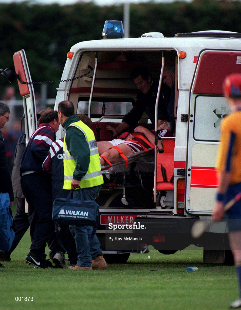 12 July 1997; Joe Rabbitte of Galway is stretchered off into an ambulance during the Guinness Connacht Senior Hurling Championship Final match between Roscommon and Galway at Athleague in Roscommon. Photo by Ray McManus/Sportsfile