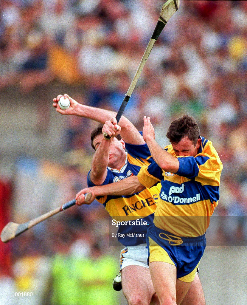 6 July 1997; Raymie Ryan of Tipperary in action against P.J O'Connell of Clare during the GAA Munster Senior Hurling Championship Final match between Clare and Tipperary at Páirc Uí Chaoimh in Cork. Photo by Ray McManus/Sportsfile