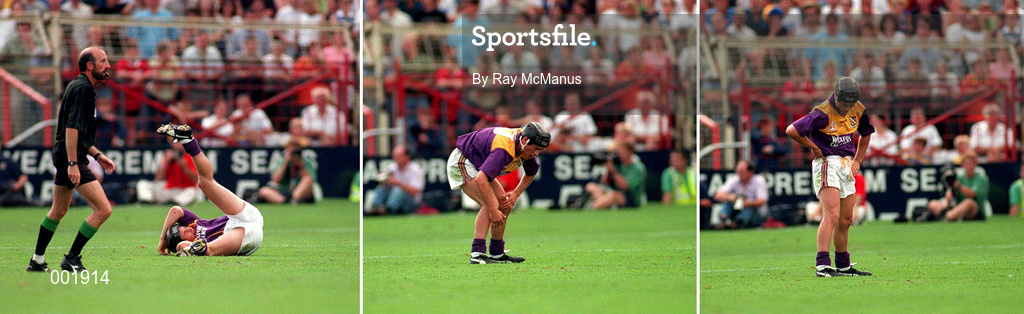 17 August 1997; (EDITOR'S NOTE: Image has been edited to make a composite). Rory McCarthy of wexford tumbles and staggers to his feet following an accidental clash with Conor Gleeson of Tipperary during the GAA All-Ireland Senior Hurling Championship Semi-Final match between Tipperary and Wexford at Croke Park in Dublin. Photo by Ray McManus/Sportsfile