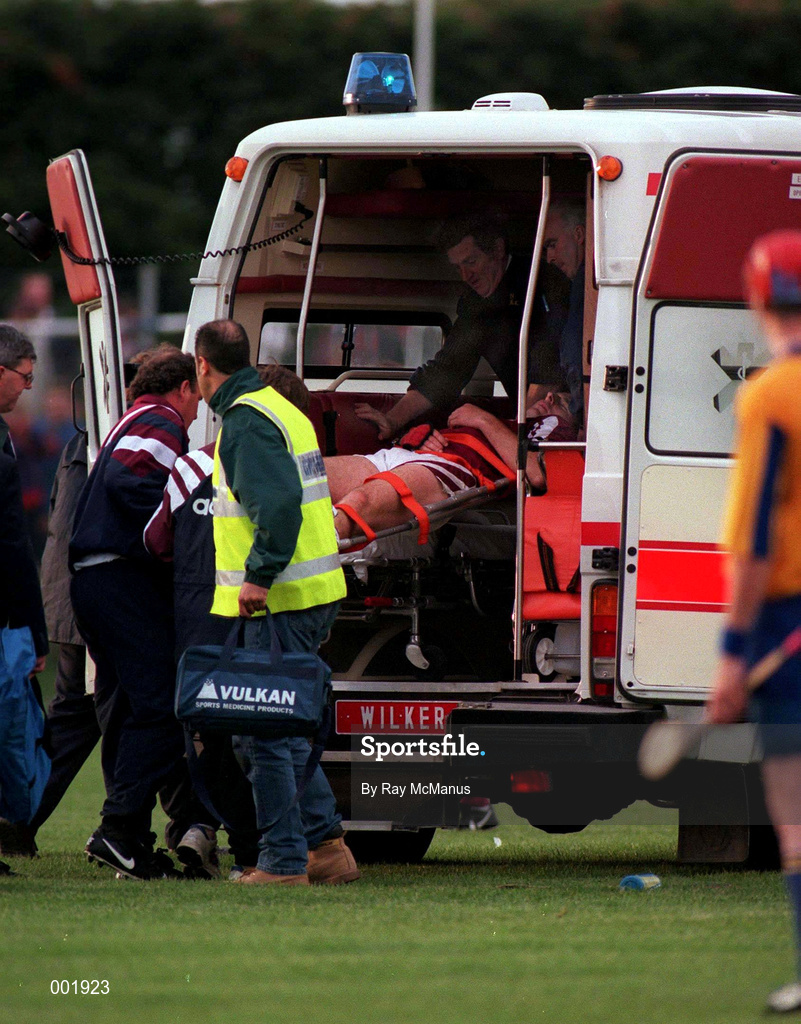 12 July 1997; Joe Rabbitte of Galway is stretchered off into an ambulance during the Guinness Connacht Senior Hurling Championship Final match between Roscommon and Galway at Athleague in Roscommon. Photo by Ray McManus/Sportsfile