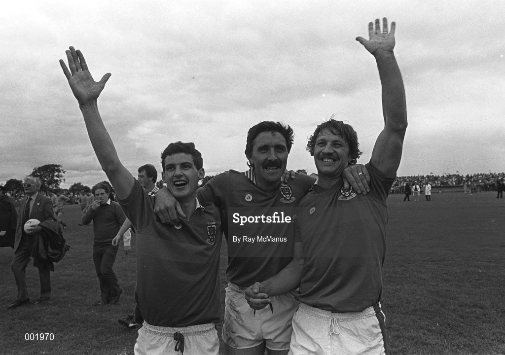 14 July 1985; Sean Lowry of Mayo, centre, celebrates with team-mates, Kevin McStay, left, and Willie Joe Padden following the Connacht GAA Football Senior Championship Final match between Roscommon and Mayo at Dr Hyde Park in Roscommon. Photo by Ray McManus/Sportsfile