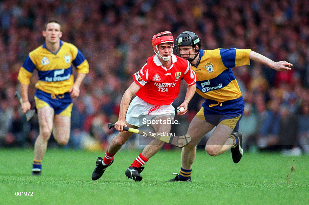 8 June 1997; Sean McGrath of Cork in action against Frank Lohan of Clare during the GAA Munster Senior Football Championship Semi-Final match between Clare and Cork at Gaelic Grounds in Limerick. Photo by Ray McManus/Sportsfile