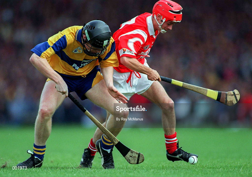 8 June 1997; Sean McGrath of Cork in action against Frank Lohan of Clare during the GAA Munster Senior Football Championship Semi-Final match between Clare and Cork at Gaelic Grounds in Limerick. Photo by Ray McManus/Sportsfile