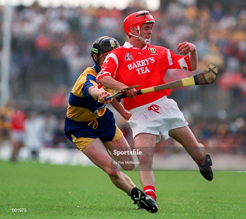 8 June 1997; Sean McGrath of Cork in action against Ger O'Loughlin of Clare during the GAA Munster Senior Football Championship Semi-Final match between Clare and Cork at Gaelic Grounds in Limerick. Photo by Ray McManus/Sportsfile