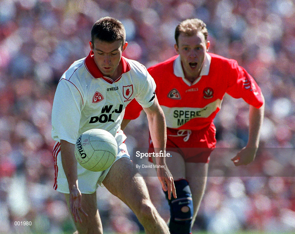29 June 1997; Sean McLoughlin of Tyrone during the Ulster GAA Football Senior Championship Semi-Final match between Tyrone and Derry at St. Tiernach's Park in Clones, Monaghan. Photo by David Maher/Sportsfile