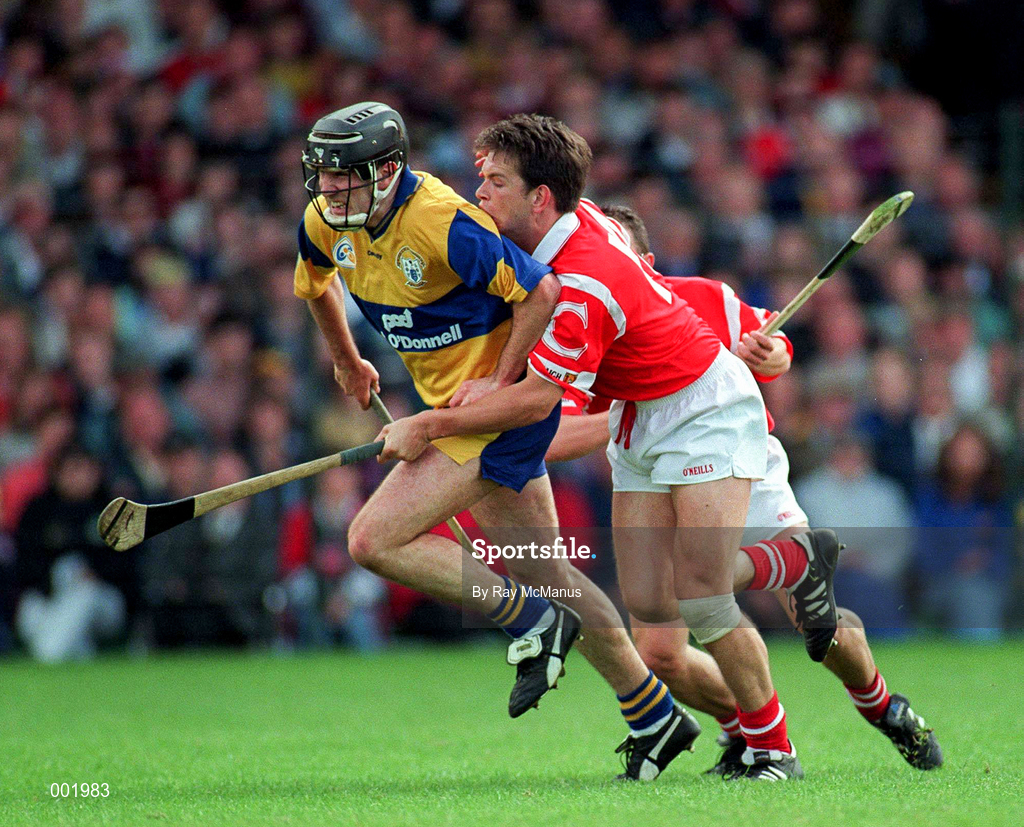 8 June 1997; Alan Browne of Cork in action against Sean McMahon of Clare during the GAA Munster Senior Football Championship Semi-Final match between Clare and Cork at Gaelic Grounds in Limerick. Photo by Ray McManus/Sportsfile