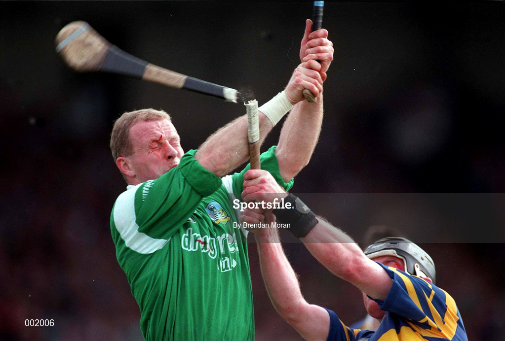 13 April 1997; Stephen McDonagh of Limerick in action against Aidan Flanagan of Tipperary during the National Hurling League Division 1 match between Limerick and Tipperary at  Gaelic Grounds in Limerick. Photo by Brendan Moran/Sportsfile