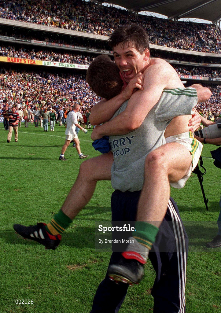 24 August 1997; Stephen Stack of Kerry and Injured Kerry captain Mike Hassett celebrate following the GAA Football All-Ireland Senior Championship Semi-Final match between Cavan and Kerry at Croke Park in Dublin. Photo by Brendan Moran/Sportsfile