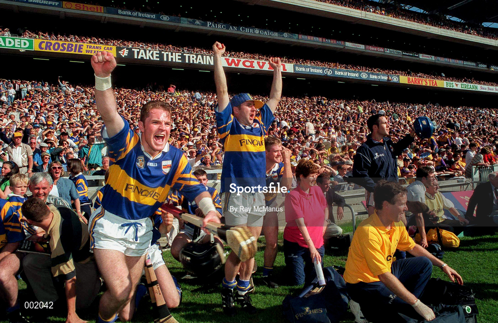 17 August 1997; Tipperary players Conor Gleeson, left, and John Leahy celebrate following the GAA All-Ireland Senior Hurling Championship Semi-Final match between Tipperary and Wexford at Croke Park in Dublin. Photo by Ray McManus/Sportsfile