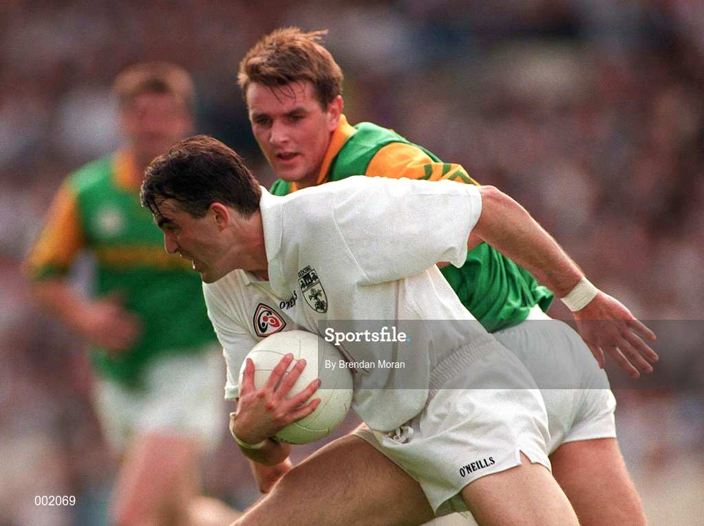 6 July 1997; Tom Harris of Kildare in action against Darren Fay of Meath during the Leinster GAA Senior Football Championship Semi-Final match between Kildare and Meath at Croke Park in Dublin. Photo by Brendan Moran/Sportsfile