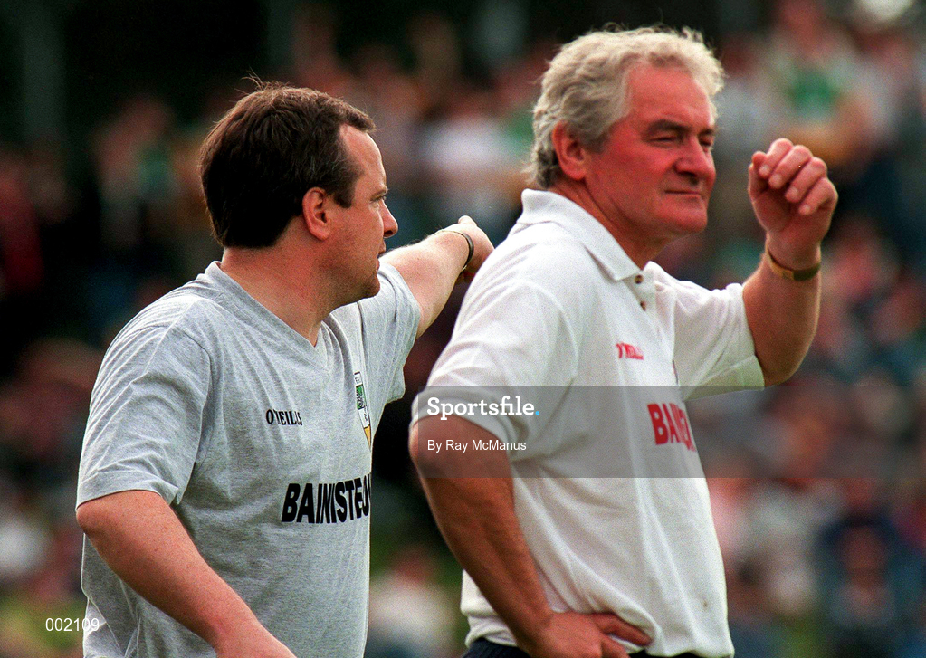 29 June 1997; Offaly manager Tommy Lyons and Louth manager Paul Kenny during the Leinster GAA Senior Football Championship Semi-Final match between Offaly and Louth at Páirc Tailteann in Navan, Meath. Photo by Ray McManus/Sportsfile