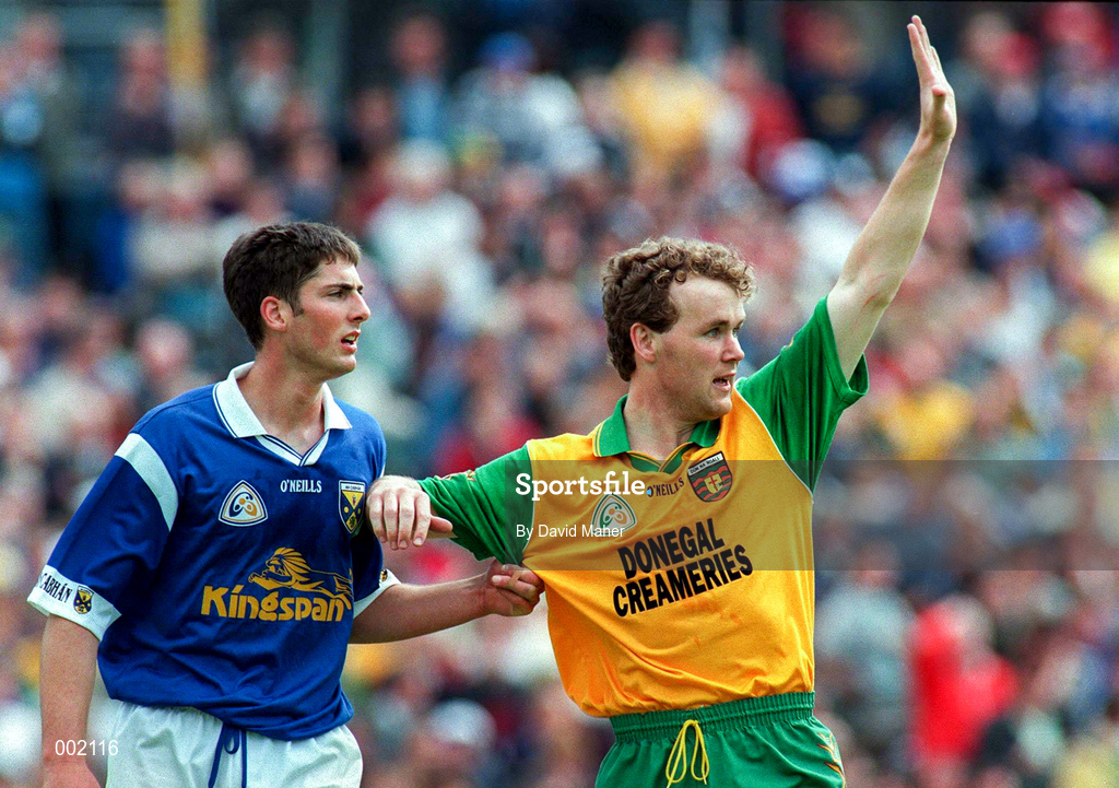 22 June 1997; Tony Boyle of Donegal in action against Terry Farrelly of Cavan during the Ulster GAA Football Senior Championship Semi-Final match between Cavan and Donegal at St. Tiernach's Park in Clones, Monaghan. Photo by David Maher/Sportsfile