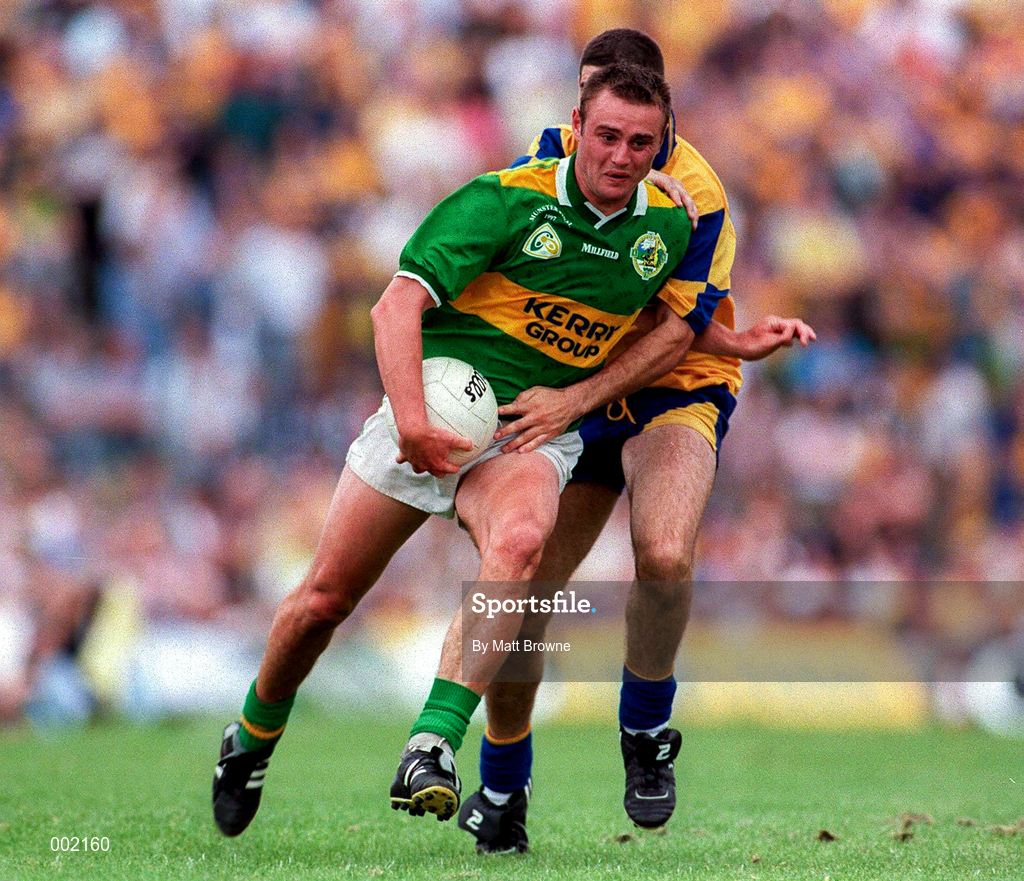 20 July 1997; Willie Kirby of Kerry in action against Cathal Shannon of Clare during the GAA Munster Senior Football Championship Final match between Kerry and Clare at Gaelic Grounds in Limerick. Photo by Matt Browne/Sportsfile
