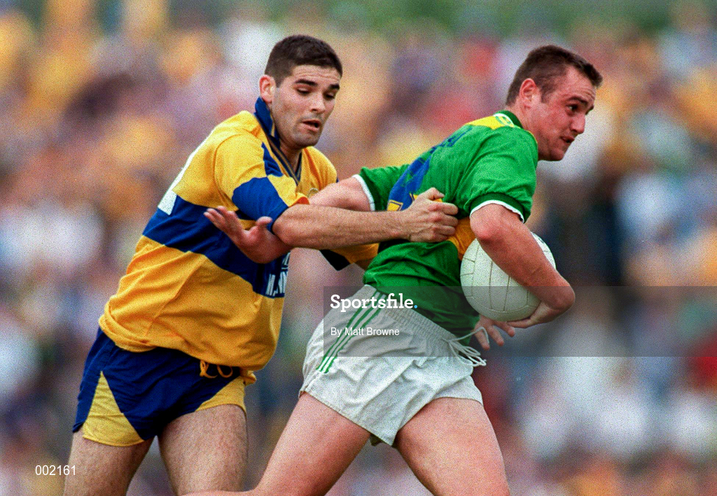 20 July 1997; Willie Kirby of Kerry in action against Cathal Shannon of Clare during the GAA Munster Senior Football Championship Final match between Kerry and Clare at Gaelic Grounds in Limerick. Photo by Matt Browne/Sportsfile