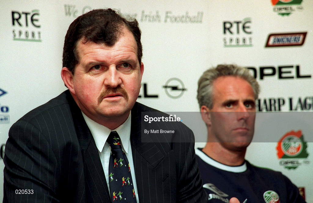 23 March 1999; FAI Chief Executive Bernard O'Byrne, in the company of manager Mick McCarthy, speaking during a Republic of Ireland Press Conference at the AUL Grounds in Clonshaugh, Dublin. Photo by Matt Browne/Sportsfile