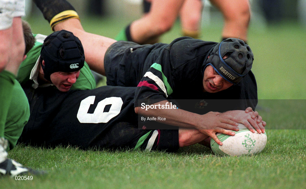 27 March 1999; Brian Hogan, no 9, assisted by team-mate Kenny Wheelock, right, scores a try during the AIB All-Ireland League Division 2 match between De La Salle Palmerstown RFC v City of Derry RFC at Kirwan Park in Kiltiernan, Dublin. Photo by Aoife Rice/Sportsfile