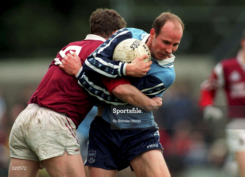 14 March 1999; Brian Stynes of Dublin is tackled by Jarlath Fallon of Galway during the Church and General National Football League Division 1 match between Dublin and Galway at Parnell Park in Dublin. Photo by Brendan Moran/Sportsfile