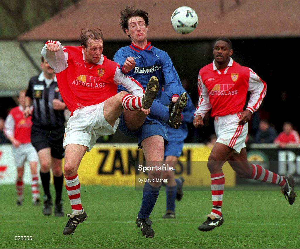 21 March 1999; THomas Morgan of St Patrick's Athletic in action against Clive Delaney of UCD during the Harp Lager National League Premier Division match between St Patrick's Athletic and UCD at Richmond Park in Dublin. Photo by David Maher/Sportsfile