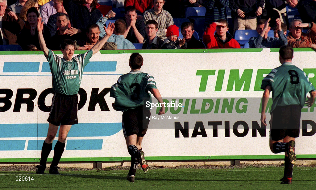 2 April 1999; Colm Tresson, left, of Bray Wanderers celebrates after scoring his side's second goal with team-mates Philip Keogh and Barry O'Connor during the FAI Cup semi-final between Shelbourne and Bray Wanderers at Tolka Park in Dublin. Photo by Ray McManus/Sportsfile