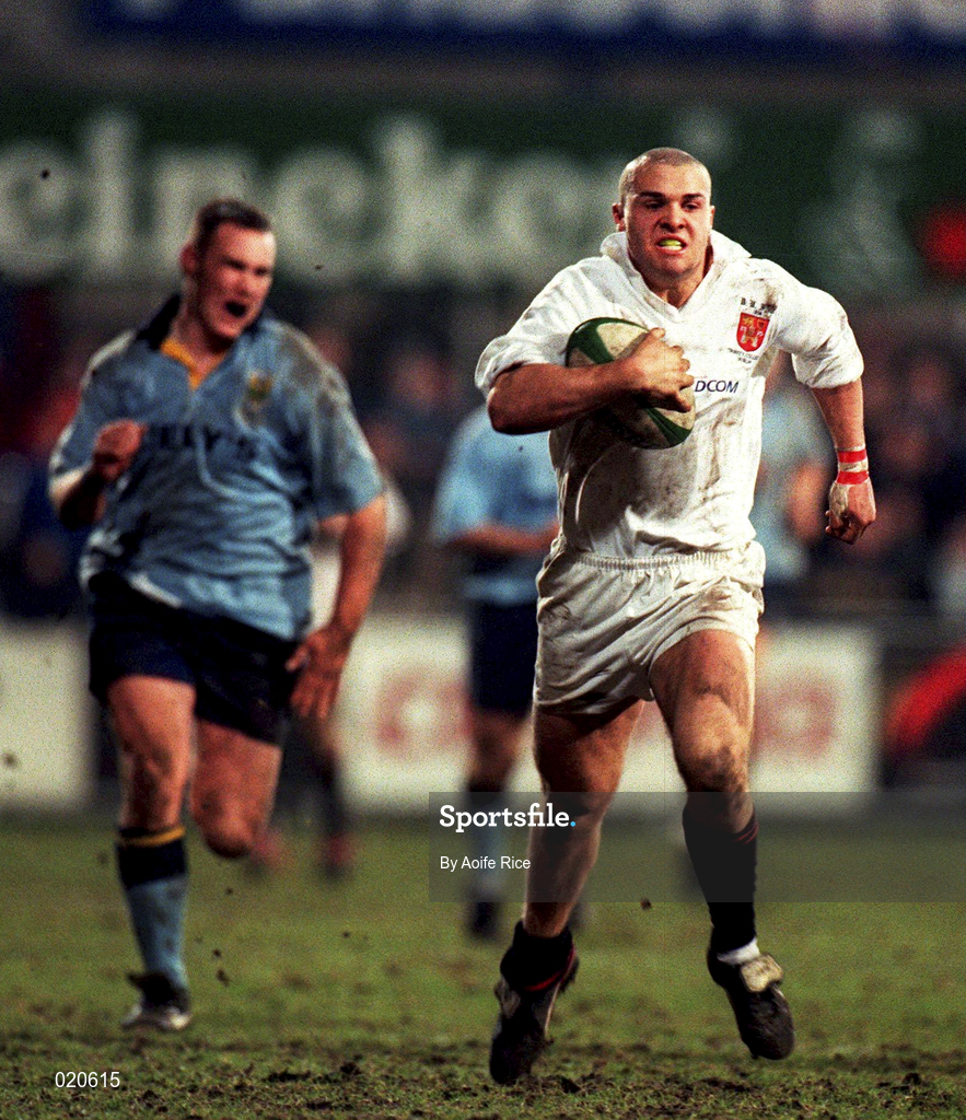 10 February 1999; Gearoid Hayes of Dublin University races clear on the way to scoring a try during the Annual Colours match between UCD and Dublin University at Donnybrook Stadium in Dublin. Photo by Aoife Rice/Sportsfile