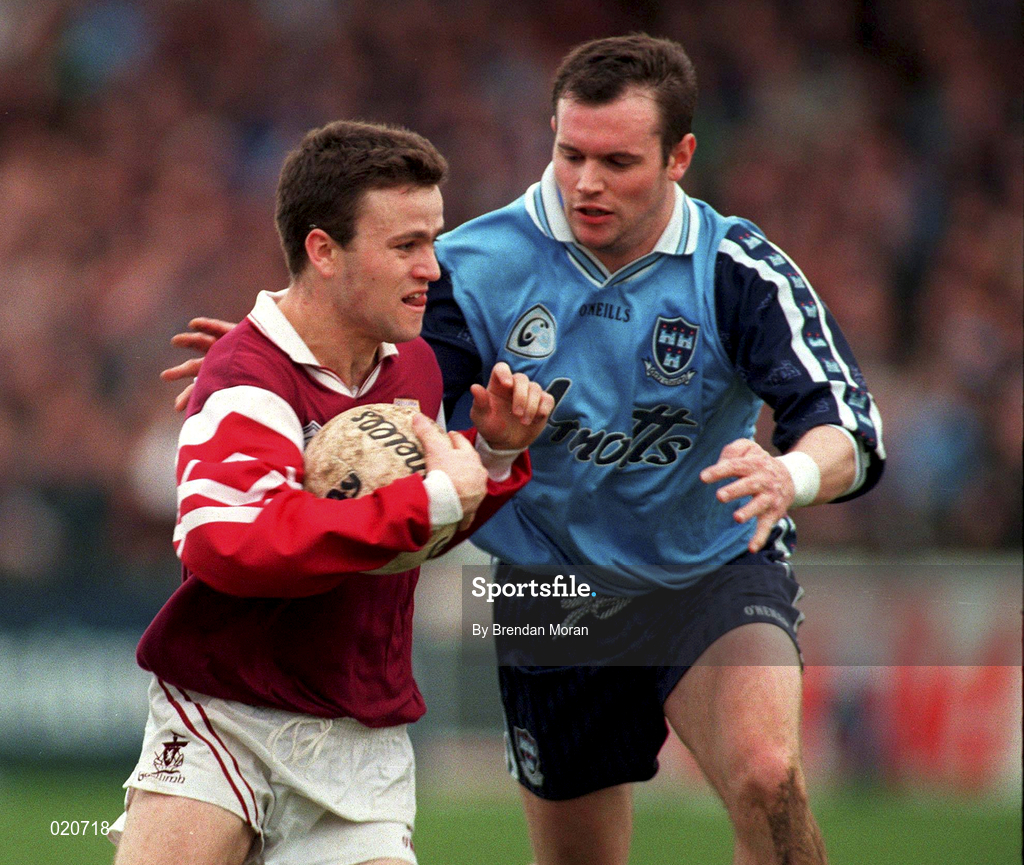 14 March 1999; Derek Savage of Galway in action against Thomas Lynch of Dublin during the Church and General National Football League Division 1 match between Dublin and Galway at Parnell Park in Dublin. Photo by Brendan Moran/Sportsfile