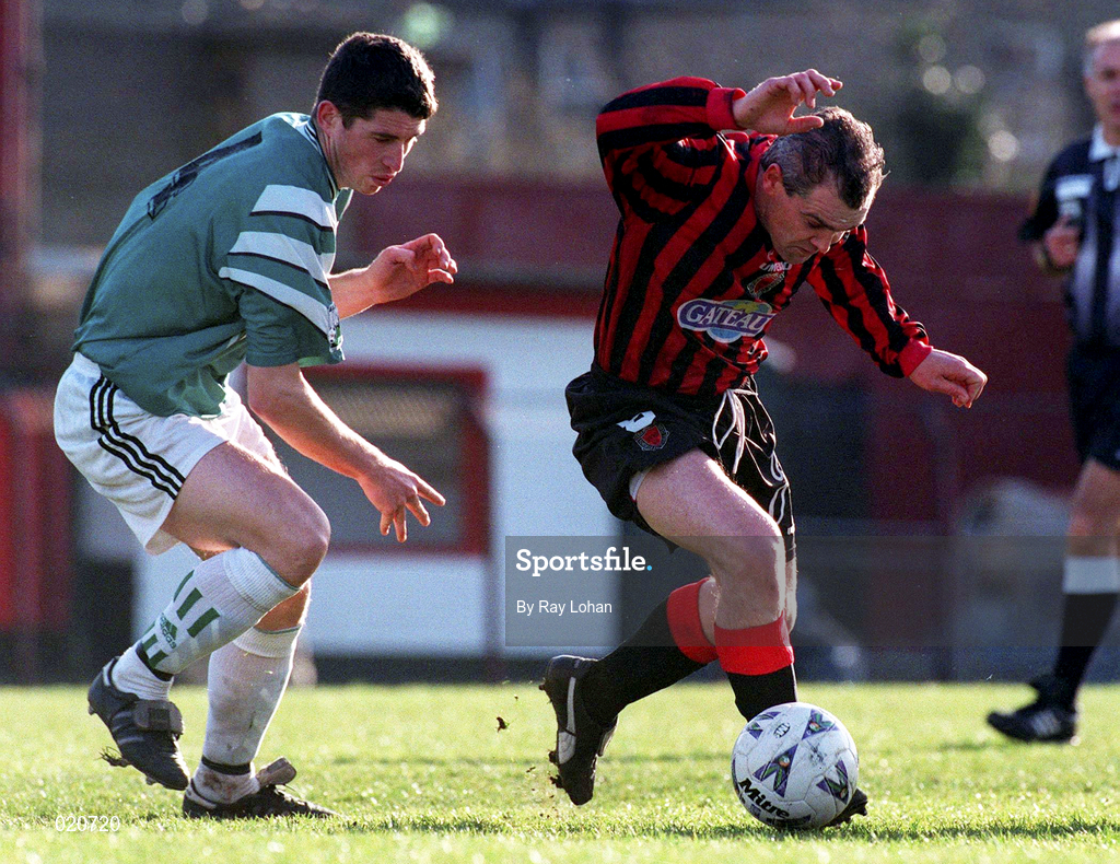 7 February 1999; Derek Swan of Bohemians in action against Jody Lynch of Bray Wanderers during the Harp Lager National League Premier Division match between Bohemians and Bray Wanderers at Dalymount Park in Dublin. Photo by Ray Lohan/Sportsfile