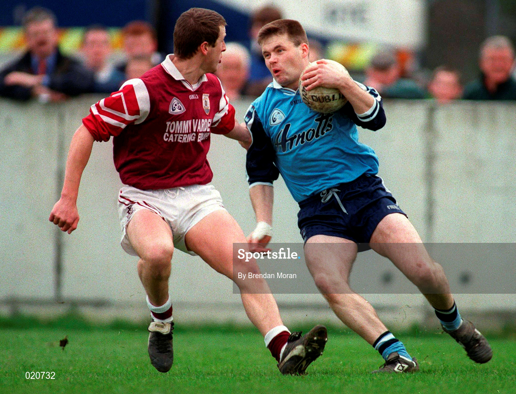 14 March 1999; Dessie Farrell of Dublin in action against Gary Fahey of Galway during the Church and General National Football League Division 1 match between Dublin and Galway at Parnell Park in Dublin. Photo by Brendan Moran/Sportsfile