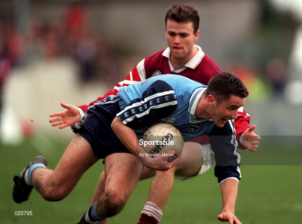 14 March 1999; Enda Sheehy of Dublin in action against Derek Savage of Galway during the Church and General National Football League Division 1 match between Dublin and Galway at Parnell Park in Dublin. Photo by Brendan Moran/Sportsfile
