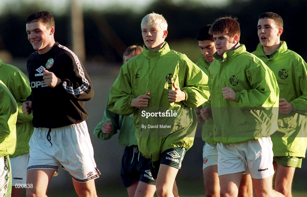 21 January 1999; Republic of Ireland players, from left, Jim Goodwin, Glen Fitzpatrick, Dave Warren and John O'Shea during an U17 squad training session at St Fintan's School in Sutton, Dublin. Photo by David Maher/Sportsfile