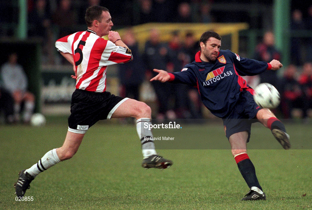 14 February 1999; Ian Gilzean of St Patrick's Athletic in action against Paul Curran of Derry City during the Harp Lager National League Premier Division match between Derry City and St Patrick's Athletic at The Brandywell Stadium in Derry. Photo by David Maher/Sportsfile