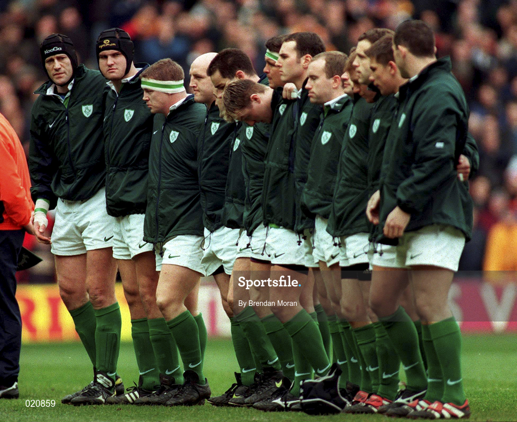 20 March 1999; The Ireland team, including from left, Paddy Johns, Jeremy Davidson, Paul Wallace and captain Keith Wood line up prior to the Five Nations Rugby Championship match between Scotland and Ireland in Murrayfield Stadium in Edinburgh, Scotland. Photo by Brendan Moran/Sportsfile