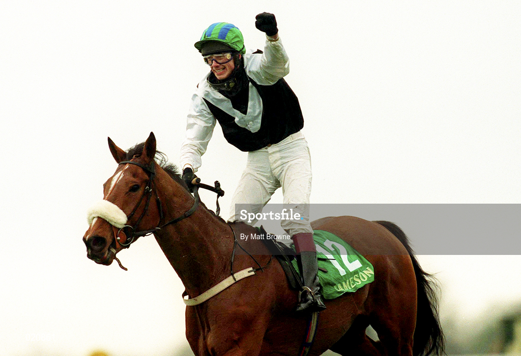 5 April 1999; Glebe Lad, with Tom Rudd up, celebrates winning the Jameson Irish Grand National Steeplechase at Fairyhouse Racecourse in Ratoath, Meath. Photo by Matt Browne/Sportsfile