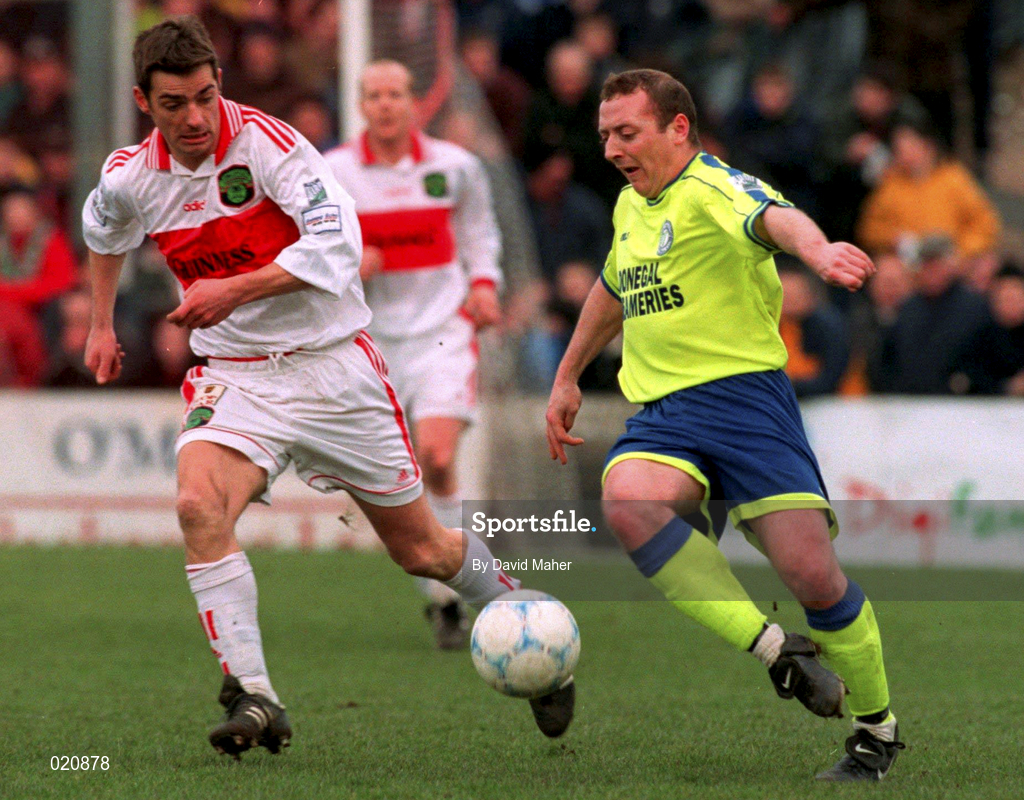7 February 1999; James Mulligan of Finn Harps in action against Mark Herrick of Cork City during the FAI Cup match between Cork City and Finn Harps at Turners Cross in Cork. Photo by David Maher/Sportsfile