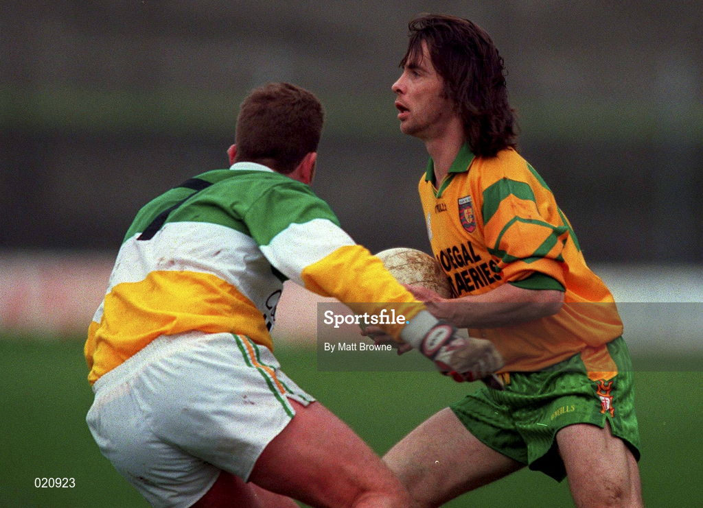 14 March 1999; John Duffy of Donegal in action against Tom Coffey of Offaly during the Church and General National Football League Division 1 match between Offaly and Donegal at O'Connor Park in Tullamore, Offaly. Photo by Matt Browne/Sportsfile