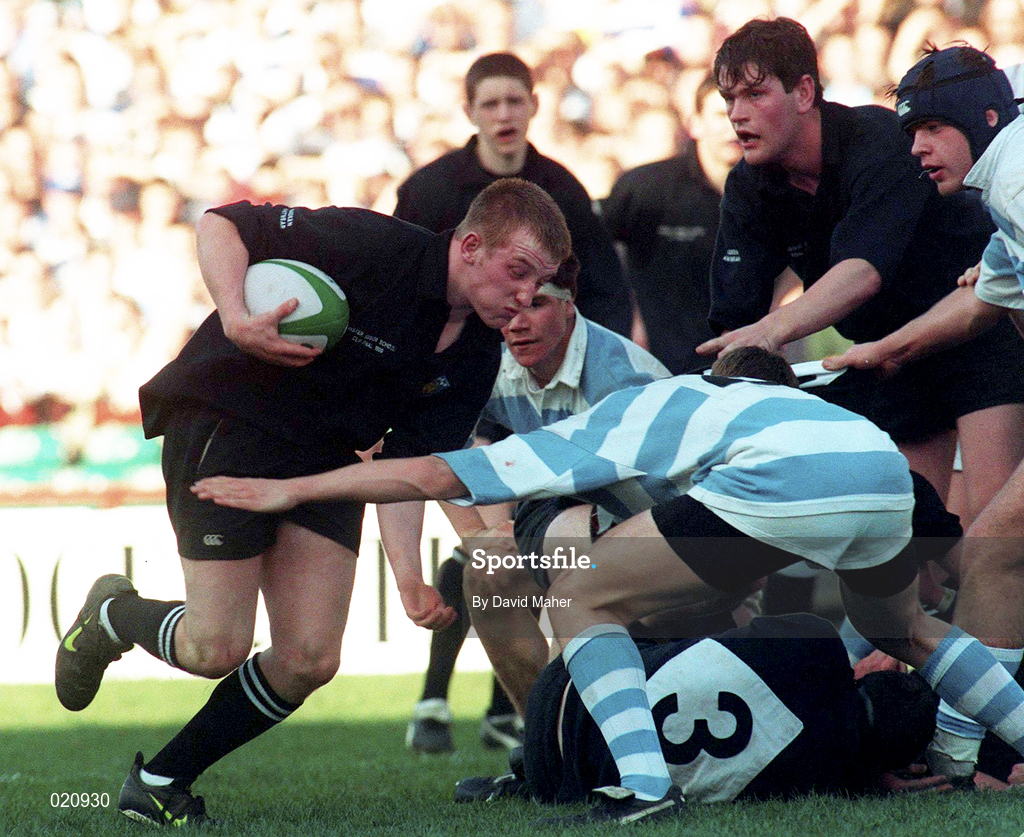 7 March 1999; John Phelan of Cistercian College Roscrea is tackled by Dermot Laide of Blackrock College during the Coca Cola Leinster Schools Senior Cup Final between Blackrock College and Cistercian College Roscrea at Lansdowne Road in Dublin. Photo by David Maher/Sportsfile