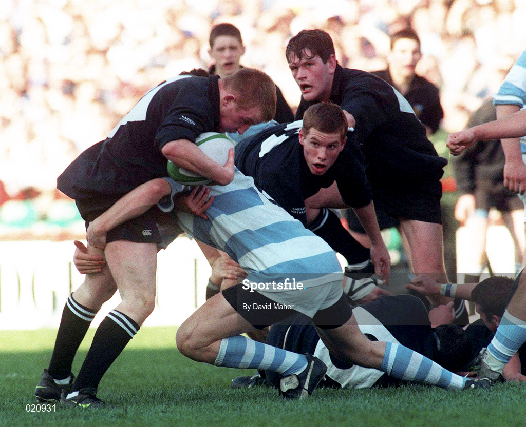 7 March 1999; John Phelan of Cistercian College Roscrea, supported by team-mate Gavin Duffy, is tackled by Dermot Laide of Blackrock College during the Coca Cola Leinster Schools Senior Cup Final between Blackrock College and Cistercian College Roscrea at Lansdowne Road in Dublin. Photo by David Maher/Sportsfile
