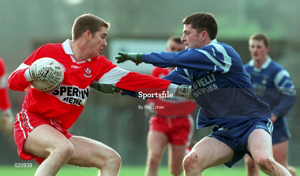 14 February 1999; Joseph Cassidy of Derry in action against Padraig McKenna of Monaghan during the Church and General National Football League Division 1 match between Derry and Monaghan at Celtic Park in Derry. Photo by Ray Lohan/Sportsfile