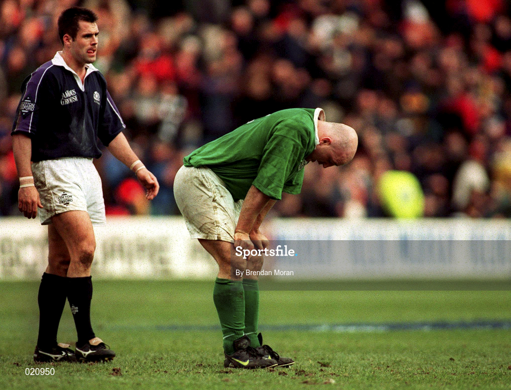 20 March 1999; A dejected Keith Wood of Ireland after the Five Nations Rugby Championship match between Scotland and Ireland in Murrayfield Stadium in Edinburgh, Scotland. Photo by Brendan Moran/Sportsfile