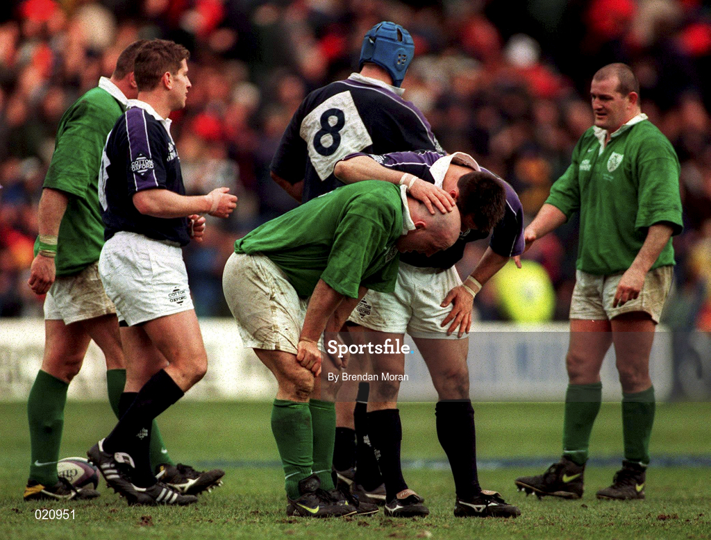 20 March 1999; Keith Wood of Ireland is consoled by Kenny Logan of Scotland after the Five Nations Rugby Championship match between Scotland and Ireland in Murrayfield Stadium in Edinburgh, Scotland. Photo by Brendan Moran/Sportsfile