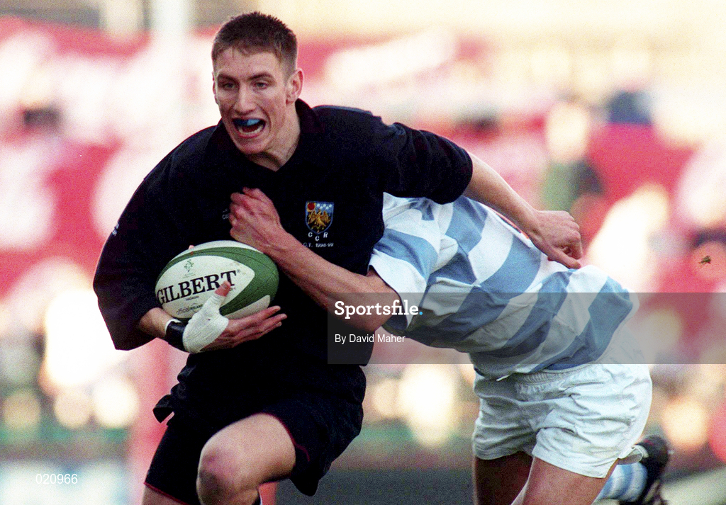 7 March 1999; Eamon Fox of Cistercian College Roscrea is tackled by Alex Cahill of Blackrock College during the Coca Cola Leinster Schools Senior Cup Final between Blackrock College and Cistercian College Roscrea at Lansdowne Road in Dublin. Photo by David Maher/Sportsfile